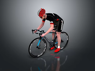Cyclist Riding Road Bike With Red Helmet Black Jersey Blue Frame And DT Swiss Wheels 3d model
