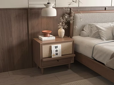 Wooden Bedside Table With Table Lamp Clay Pot Books And Potted Plant Next To Bed 3d model