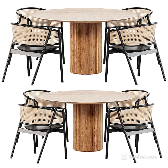 Dining Table Set With Wicker Chairs Black Frame And Natural Wooden Tabletop 3d model