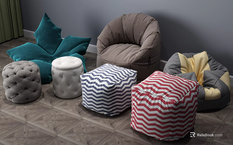 Colorful Lazy Sofa Collection With Striped Ottoman And Bean Bag Design 3d model 