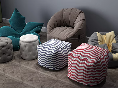 Colorful Lazy Sofa Collection With Striped Ottoman And Bean Bag Design 3d model