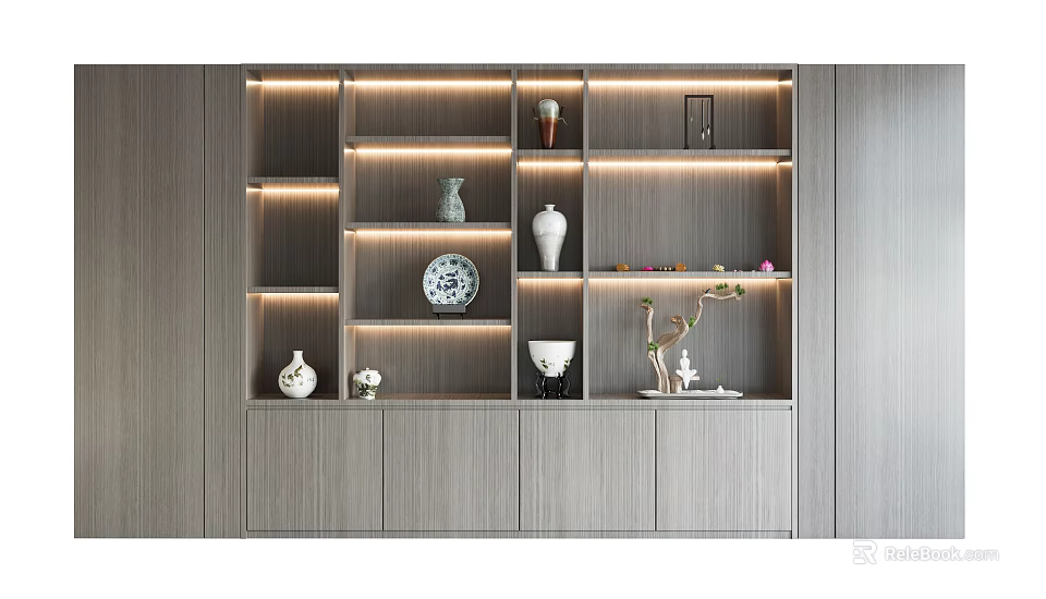 Elegant Modern Decorative Cabinet With Illuminated Shelves And Stylish Decorative Items 3d model 