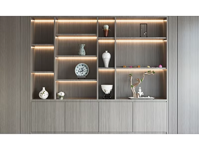 Elegant Modern Decorative Cabinet With Illuminated Shelves And Stylish Decorative Items 3d model
