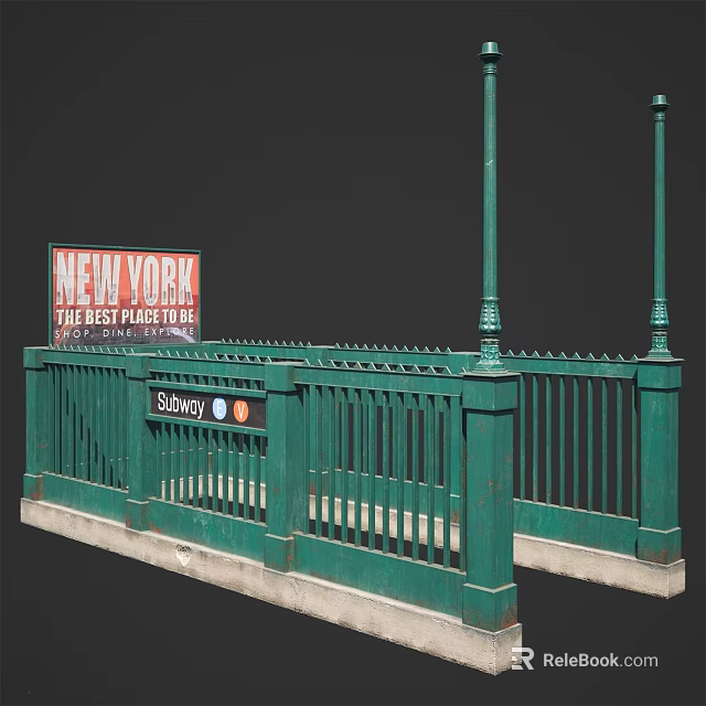 Urban Roadside Facilities With Green Fence Decorative Lamp Posts Subway And New York Signs 3d model 