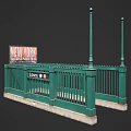 Urban Roadside Facilities With Green Fence Decorative Lamp Posts Subway And New York Signs