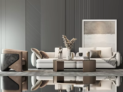 Modern Minimalist Sofa and Coffee Table Set With White Cushions Wooden Table And Artwork 3d model