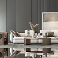Modern Minimalist Sofa and Coffee Table Set With White Cushions Wooden Table And Artwork