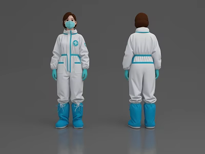 Woman Wearing White Protective Suit With Blue Belt Gloves and Boots 3d model
