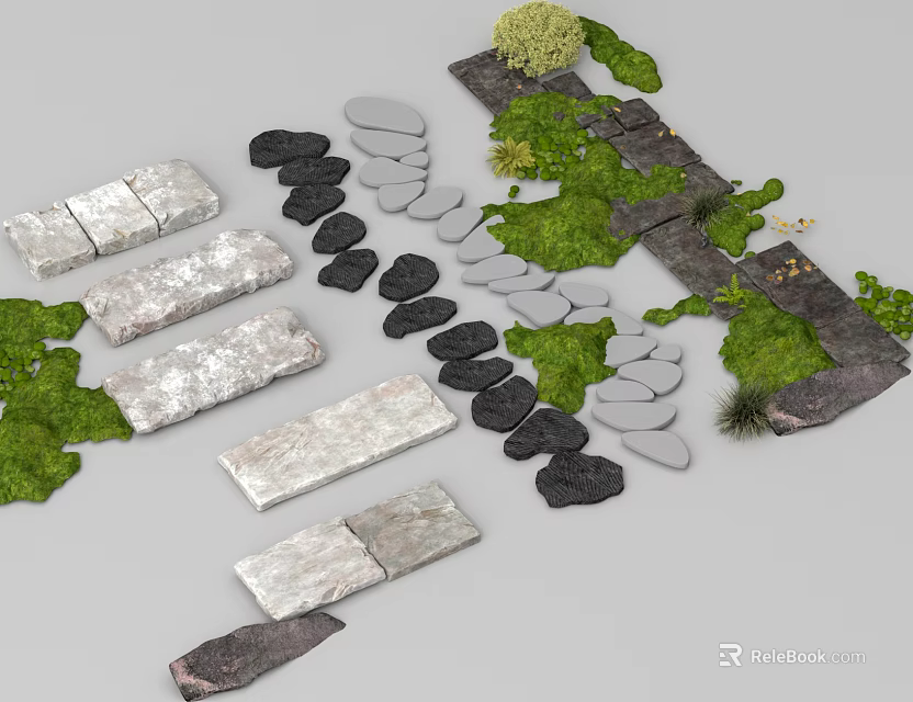 Natural Stone Garden Stepping Stones Path With Green Moss And Decorative Elements 3d model 