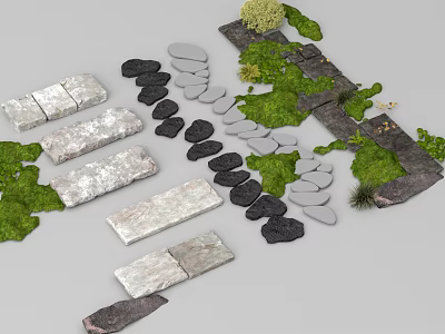 Natural Stone Garden Stepping Stones Path With Green Moss And Decorative Elements 3d model