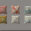 Colorful Decorative Throw Pillows Featuring Floral Circular And Leaf Patterns 3d model