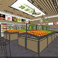 Bright Fruit Store Interior with Wooden Decor and Various Fresh Fruits on Display Counters