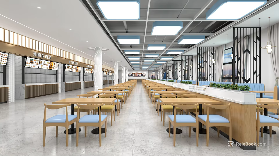 Modern Restaurant Interior With Long Wooden Tables Blue Cushioned Chairs And Ceiling Lights 3d model 
