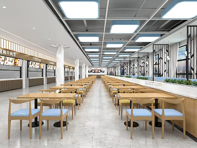 Modern Restaurant Interior With Long Wooden Tables Blue Cushioned Chairs And Ceiling Lights 3d model