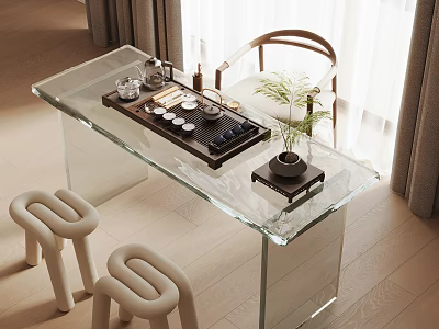 Modern Glass Top Tea Table and White Stools with Tea Set and Green Plant 3d model