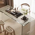 Modern Glass Top Tea Table and White Stools with Tea Set and Green Plant