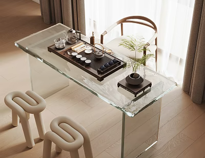 Modern Glass Top Tea Table and White Stools with Tea Set and Green Plant 3d model