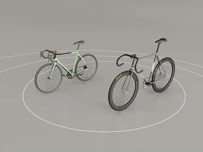 Two Light Green And Black Road Bicycles On Gray Background With White Circular Lines 3d model