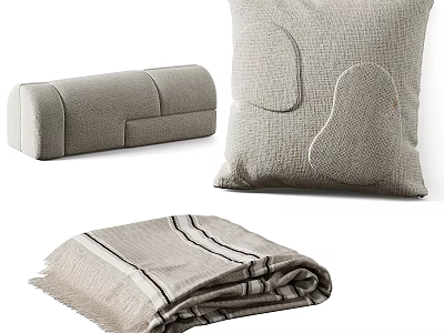 Minimalist Gray Pillow With Textured Fabric Accompanied By Cylindrical Cushion And Soft Blanket 3d model