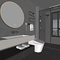 Modern Bathroom Interior With Round Mirror Glass Shower Grey Walls And City View