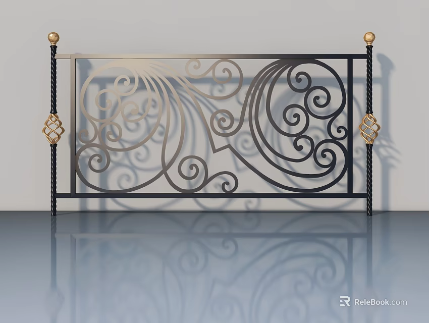 Ornate Swing Door With Intricate Scrollwork Black Frame And Golden Accents 3d model 