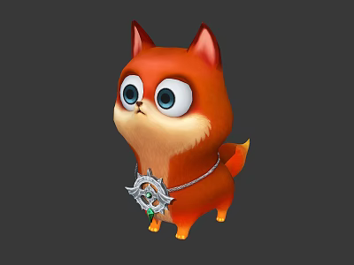 Cute Orange Fox Character 3D Model With Big Eyes Ears And Silver Collar Gemstone 3d model