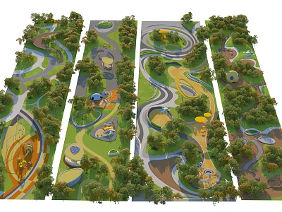 Park Landscape Design With Winding Paths Lush Trees Circular Plazas And Colorful Play Areas 3d model