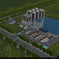 Industrial Plant With White Silos Blue Roof Surrounding Trees Roads Parking Area And Vehicles