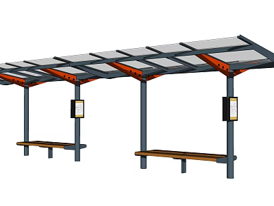 Modern Bus Stop Shelter With Glass Roof Wooden Benches And Information Boards 3d model