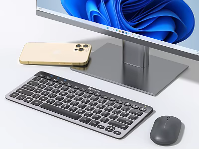 Modern Desktop Computer Setup With Monitor Keyboard Mouse And Smartphone 3d model