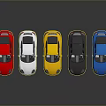 Five Colorful Toy Cars in Red White Yellow Gray and Blue Lined Up