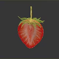 Juicy Sliced Fresh Red Strawberry with Green Leaves on Dark Surface