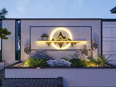 Modern Outdoor Lights With Circular Mountain Pavilion Design And Stone Lion Sculptures By Green Plants 3d model