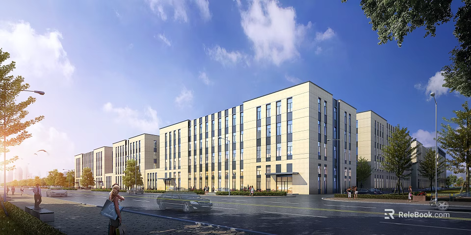 Modern Multi Storey Industrial Factory Exterior With Road Vehicles Pedestrians And Trees 3d model 