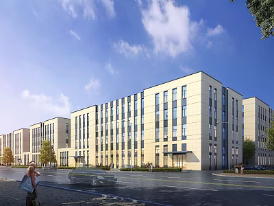 Modern Multi Storey Industrial Factory Exterior With Road Vehicles Pedestrians And Trees 3d model