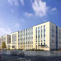 Modern Multi Storey Industrial Factory Exterior With Road Vehicles Pedestrians And Trees