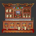 Traditional Red Shrine with Ornate Carvings Colorful Patterns and Hanging Bells and Small Decorative Objects