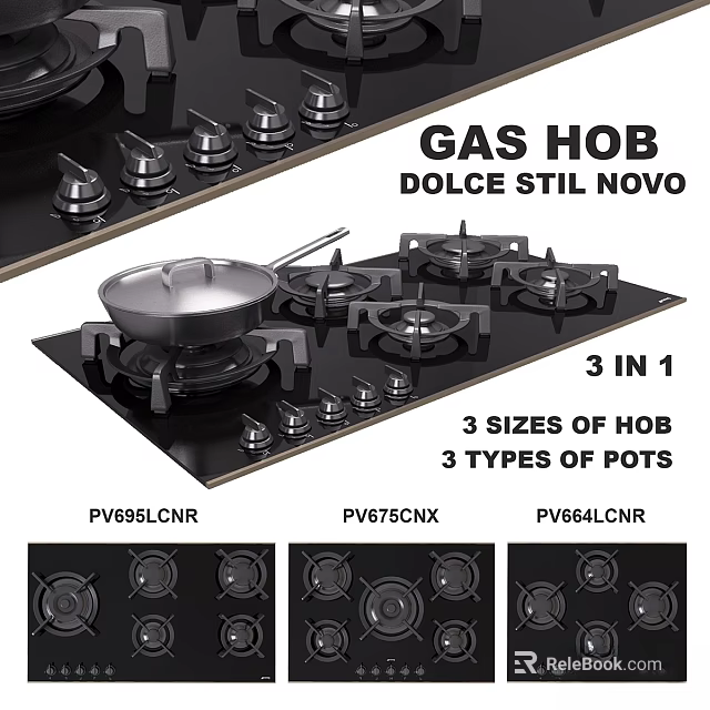 Dolce Stil Novo 3 in 1 Gas Hob Featuring 3 Sizes 3 Types Of Pots 3d model 