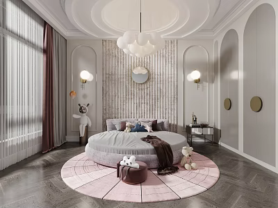 Cozy Kids Room Design With Round Bed Pink Rug Chandelier And Stuffed Toys 3d model