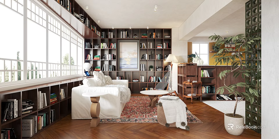 Cozy Living And Dining Room Interior With Bookshelves White Sofa Area Rug And Plants 3d model 