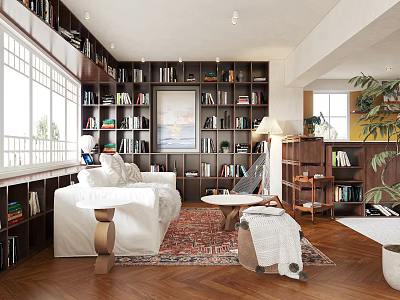 Cozy Living And Dining Room Interior With Bookshelves White Sofa Area Rug And Plants 3d model