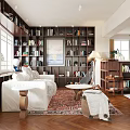 Cozy Living And Dining Room Interior With Bookshelves White Sofa Area Rug And Plants