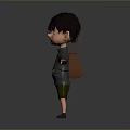 Cartoon Boy With Brown Hair Blue Eyes Gray Hoodie Green Shorts Brown Backpack Arms Outstretched