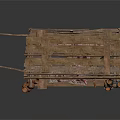 Traditional Wooden Market Cart With Clay Pots Hanging Meat And Bowls