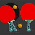 Red Table Tennis Rackets With Blue Handles And Yellow Balls On Dark Surface