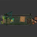 Green Wooden Garden Bench with Plant Pots Gardening Tools and Fresh Vegetables