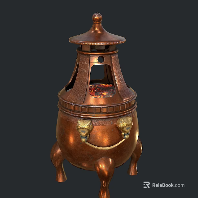 Antique Copper Stove with Ornate Lid Carved Patterns Lion Head Handles and Burning Embers 3d model 