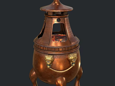 Antique Copper Stove with Ornate Lid Carved Patterns Lion Head Handles and Burning Embers 3d model