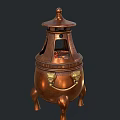Antique Copper Stove with Ornate Lid Carved Patterns Lion Head Handles and Burning Embers