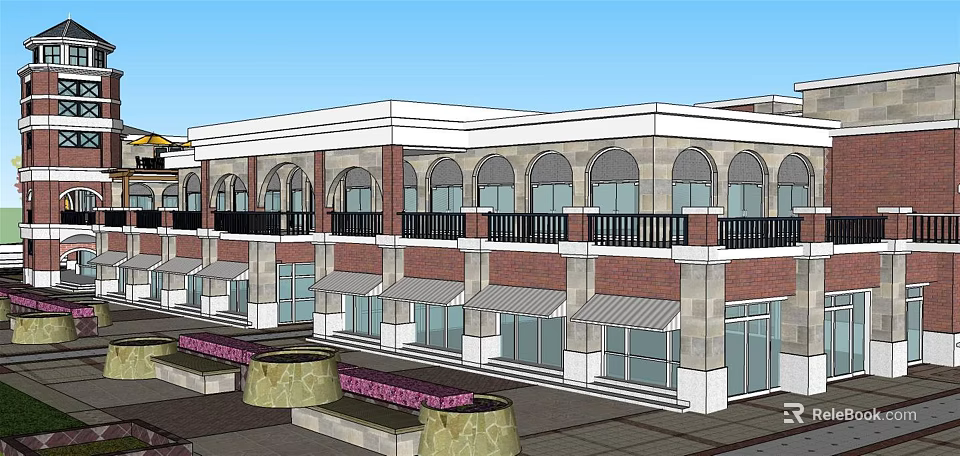 Traditional Commercial Street Architecture With Arched Windows Awnings Balcony Railings Flower Beds And Benches 3d model 